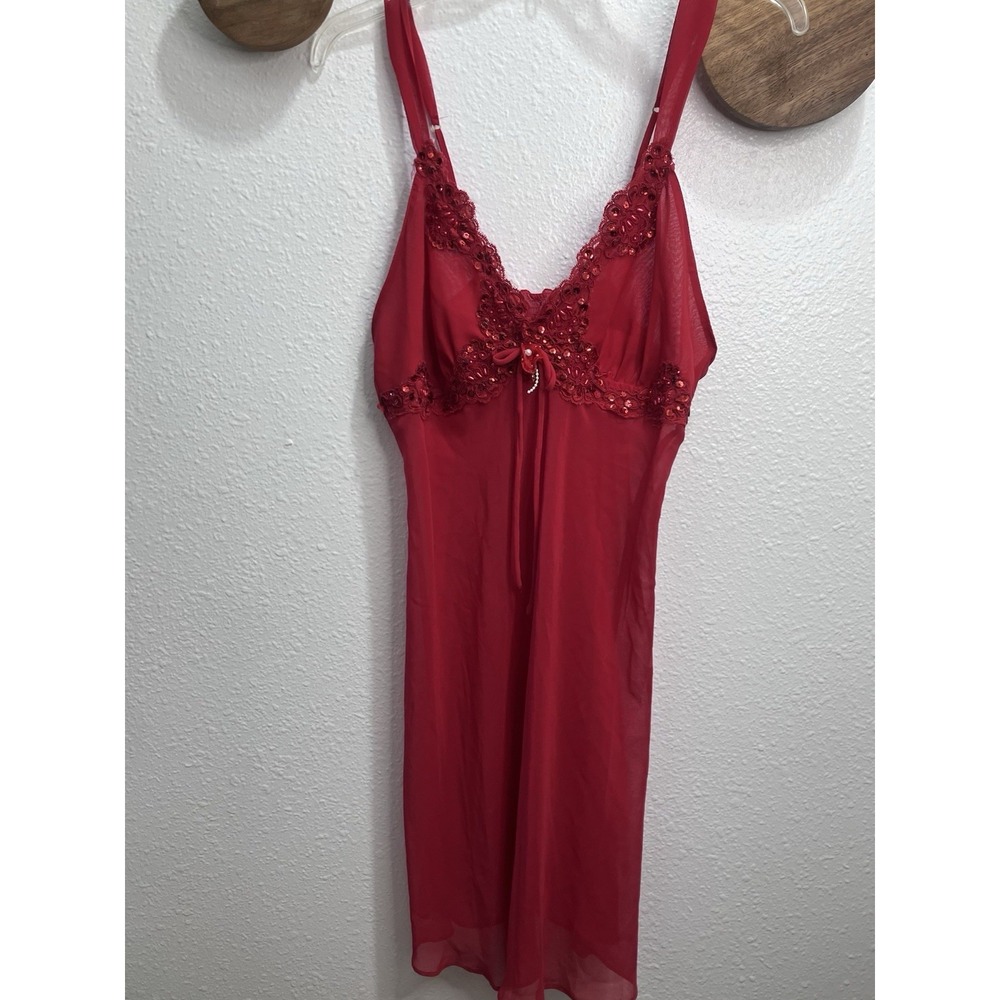 Vintage Lucie Ann Sheer Red Slip Dress Large‎ Floral Beaded Babydoll Lingerie